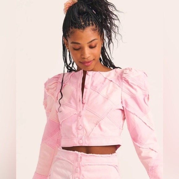 LoveShackFancy Eleora Pink Patchwork Cropped Jacket Size 00 Missing Button Last - Picture 1 of 9
